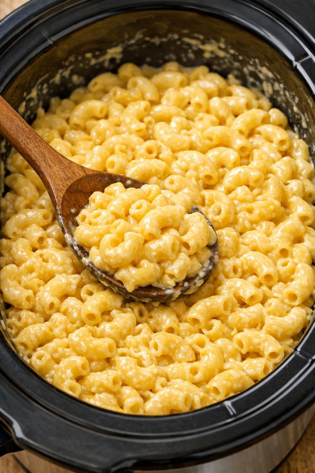 Creamy macaroni nearly finished in the slow cooker