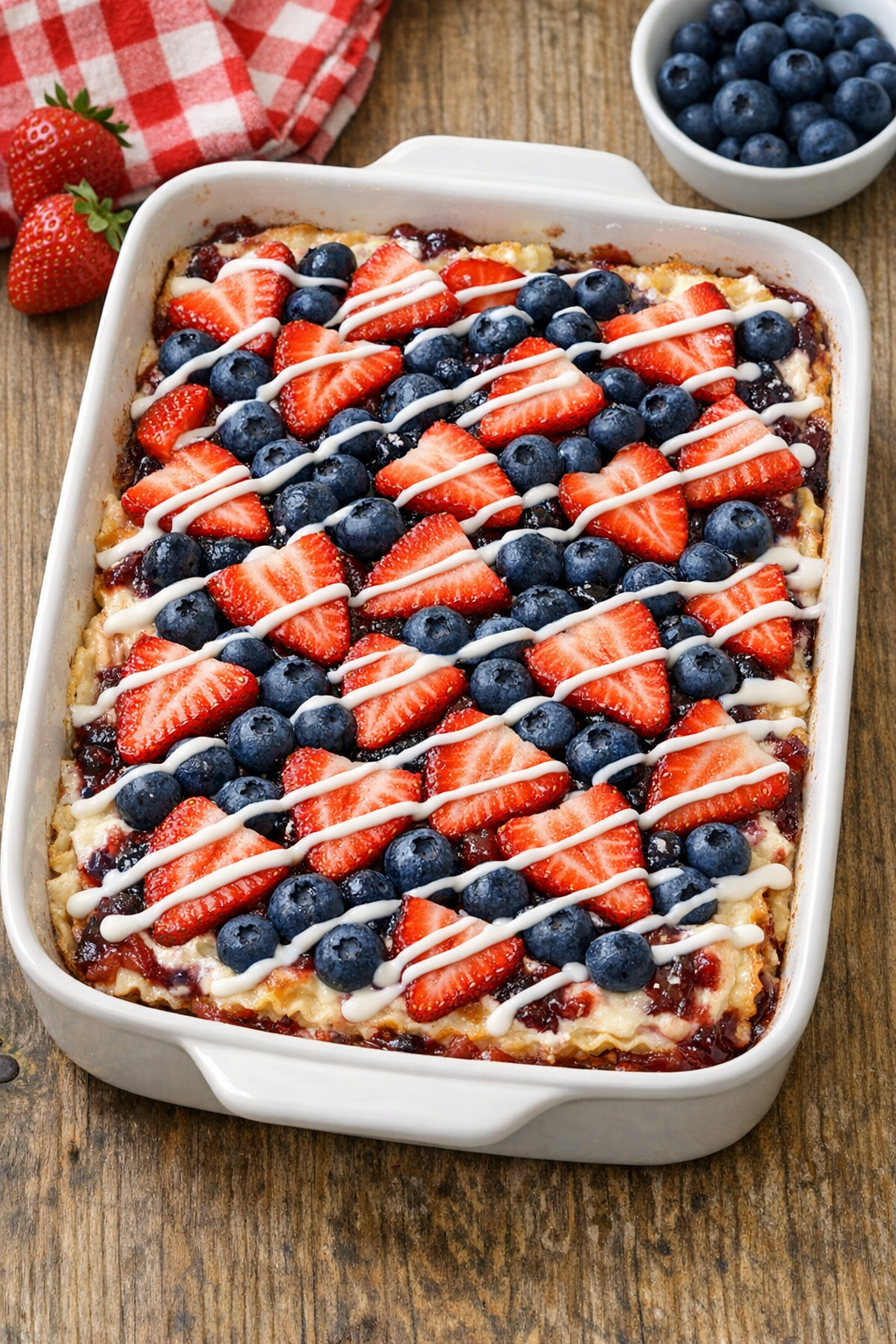 Finished baked Independence Day sweet in a casserole dish