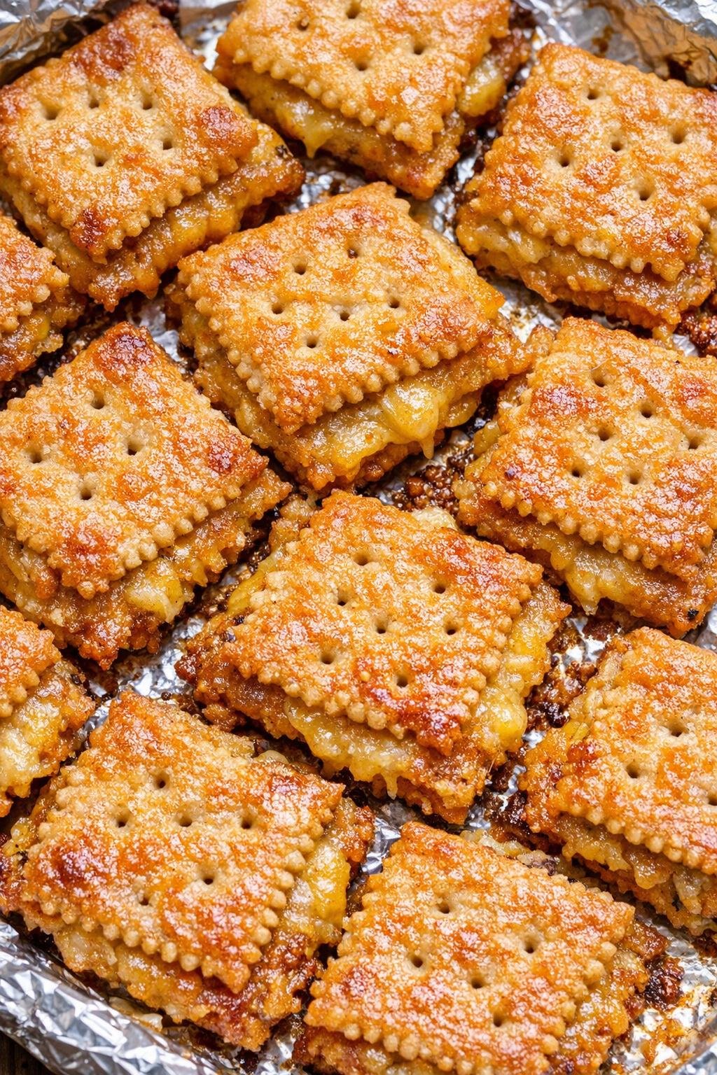 Southern cheesy cracker squares on a foil-lined baking tray