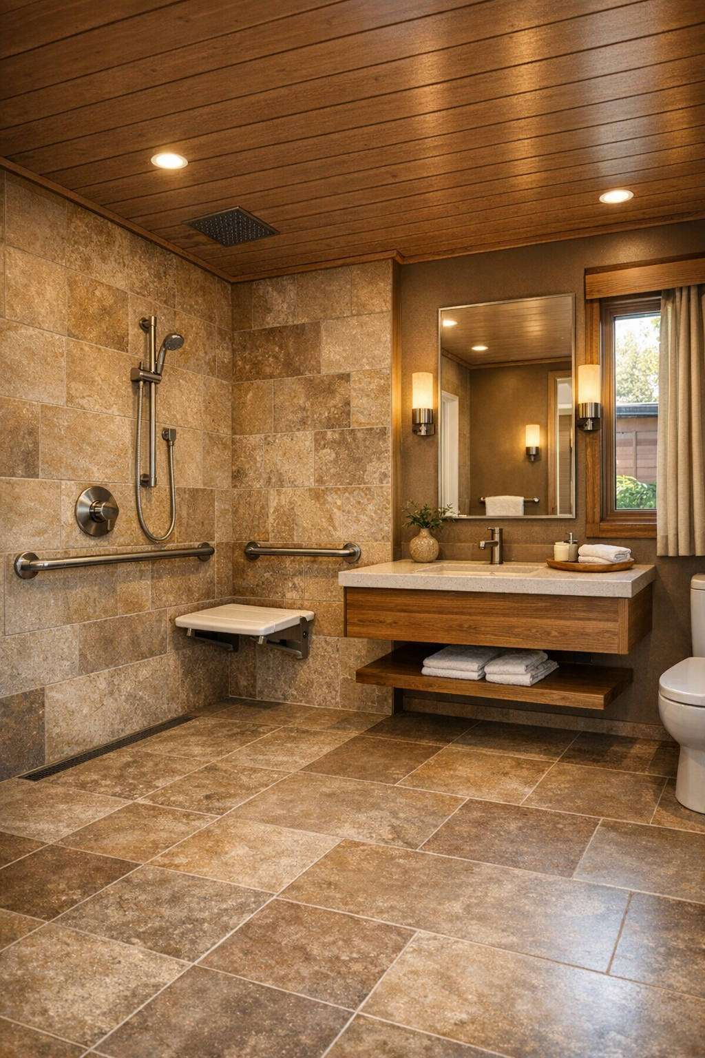 Elegant accessible bathroom with curbless shower, warm stone tile, and floating wood vanity