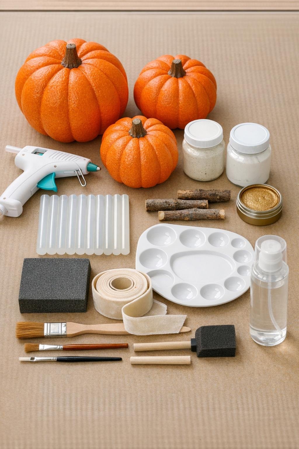 Materials laid out for making textured foam pumpkins