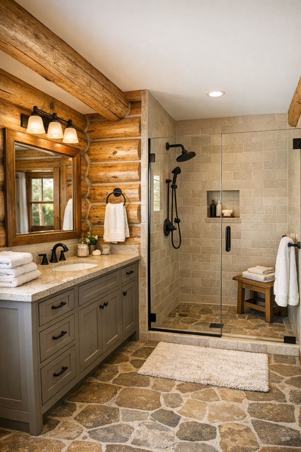 Spa-like rustic bathroom with painted vanity and walk-in shower