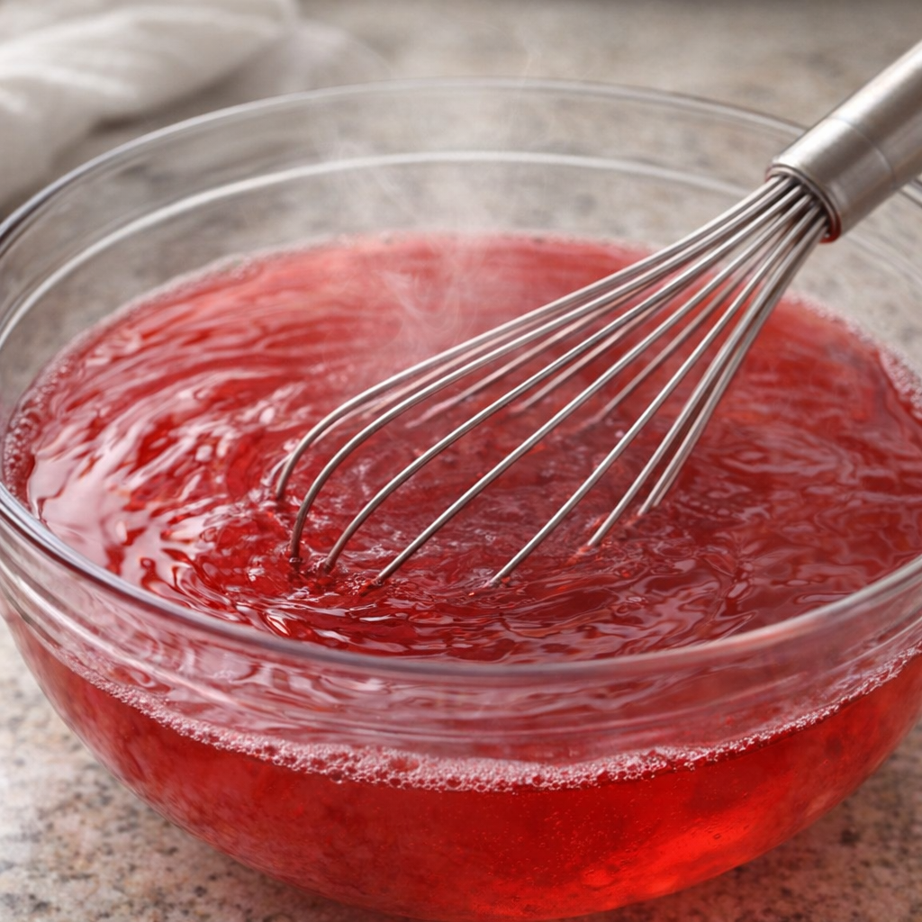 Deep red gelatin being whisked in a mixing bowl