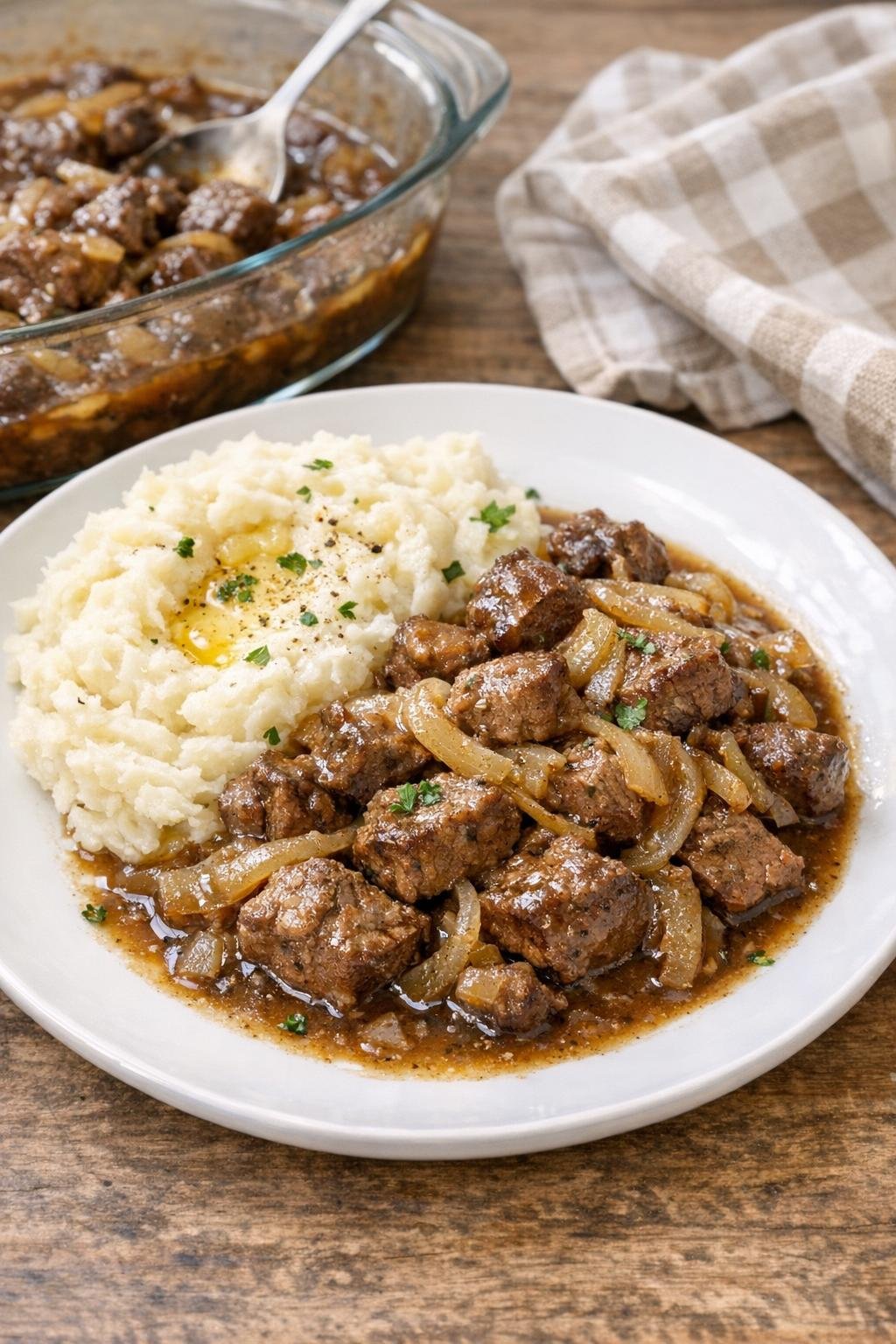 Finished French onion beef bake plated with gravy