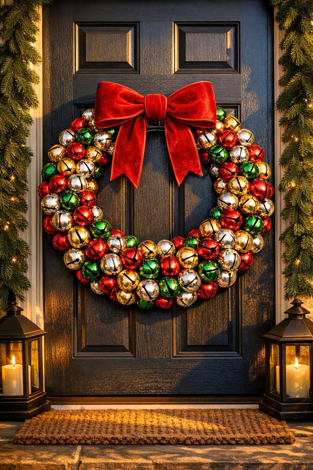 Finished jingle bell wreath hanging on a front door