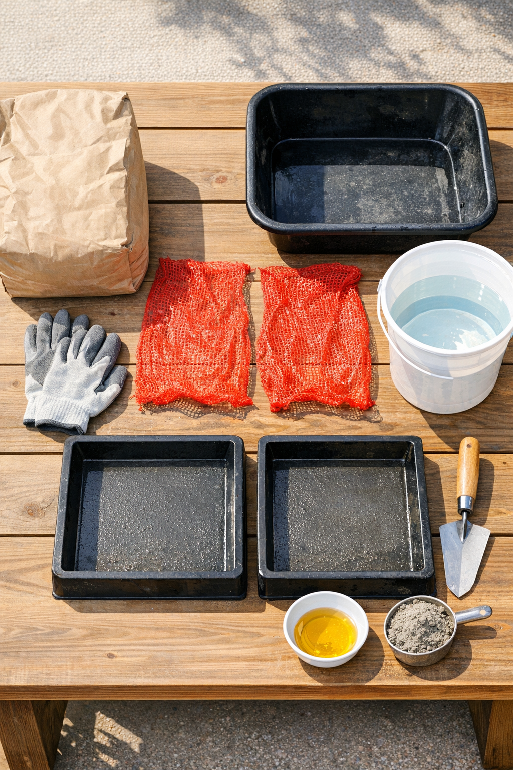 Materials for making textured cement yard slabs laid out on a worktable