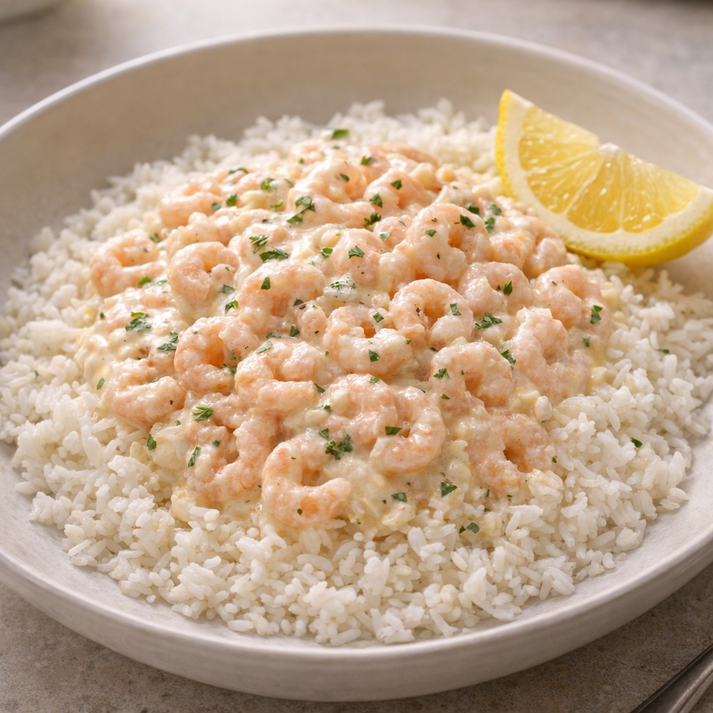 Creamy slow cooker shrimp served over rice