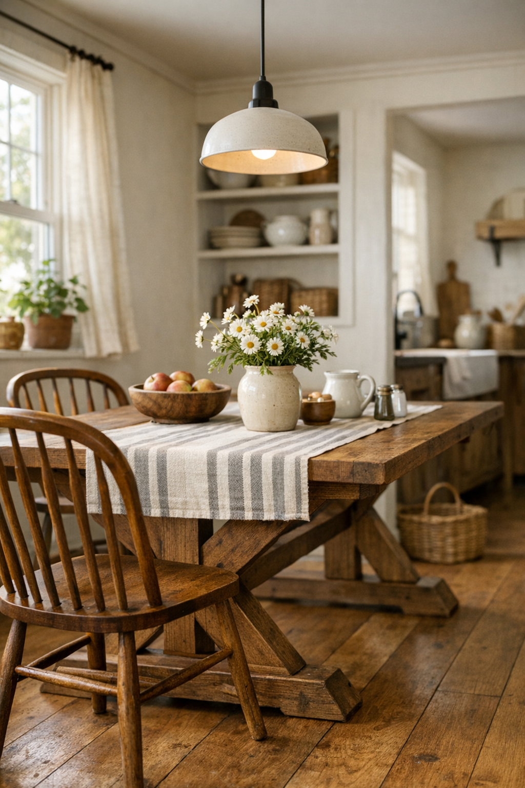 Cozy tiny farmhouse dining area with a small wood trestle table and spindle-back chairs