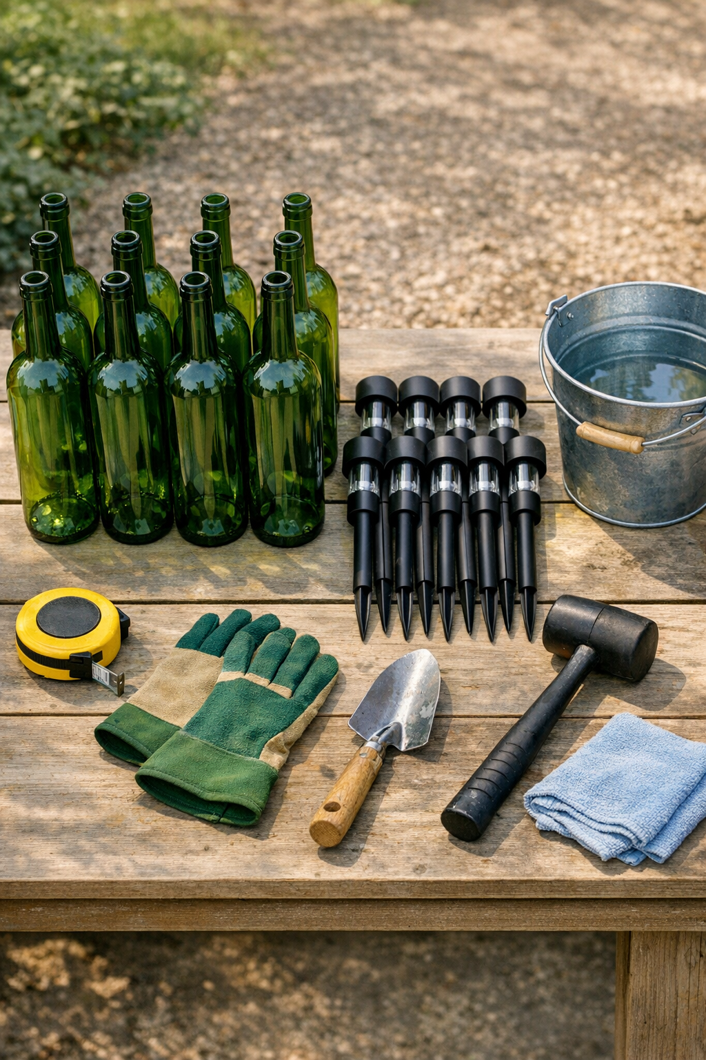 Materials for making a glowing bottle pathway border laid out together