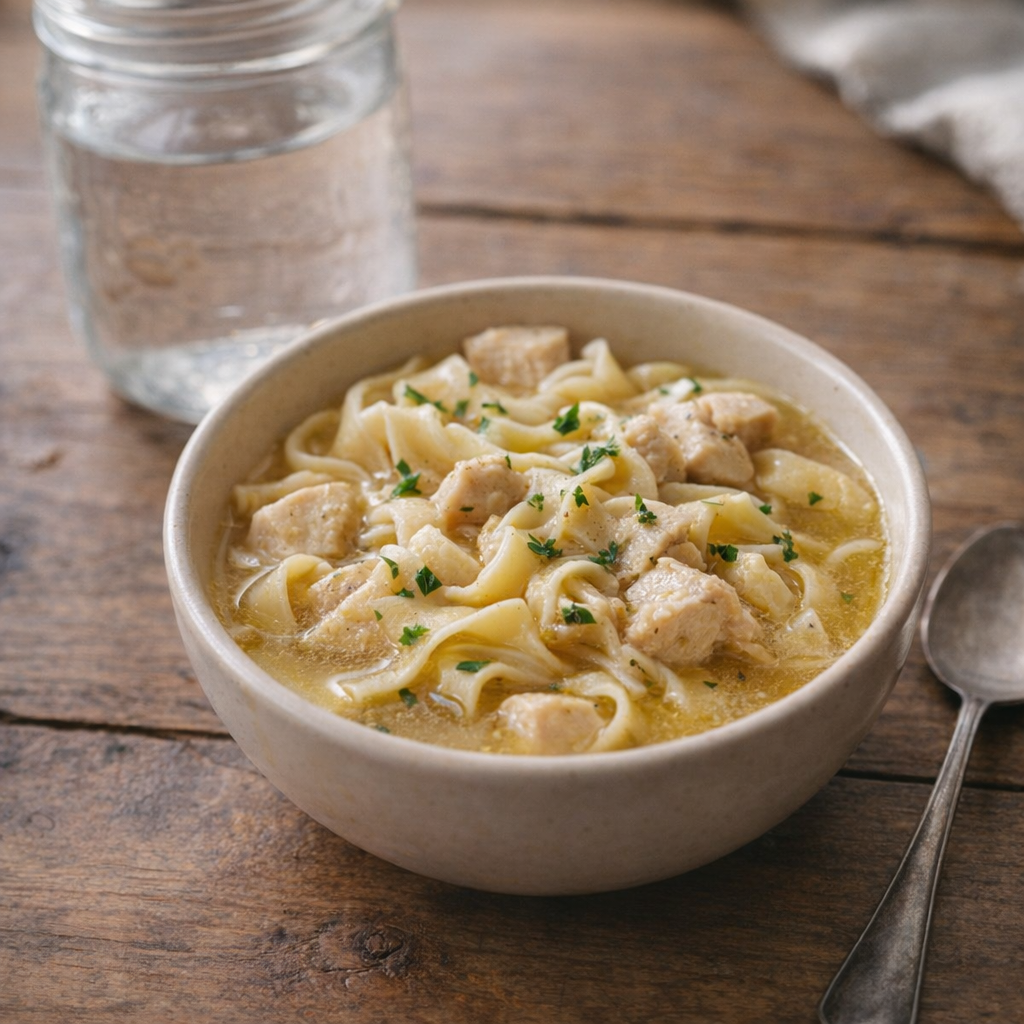 Leftover chicken noodles reheated the next day