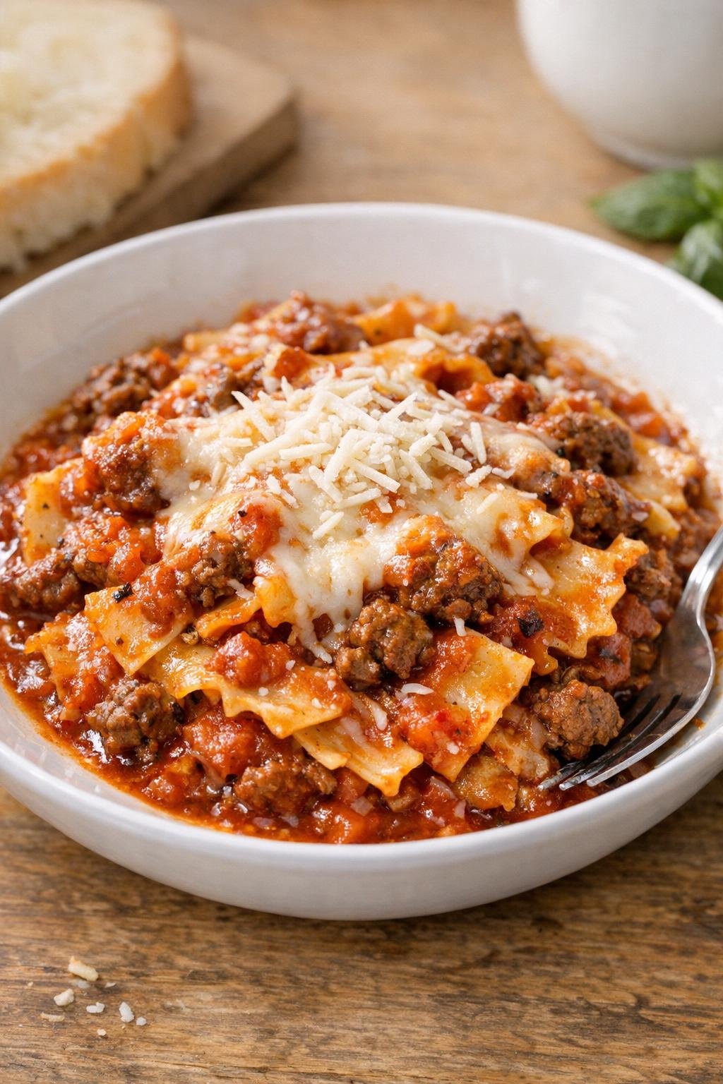 Finished slow cooker lasagna noodle comfort in a bowl