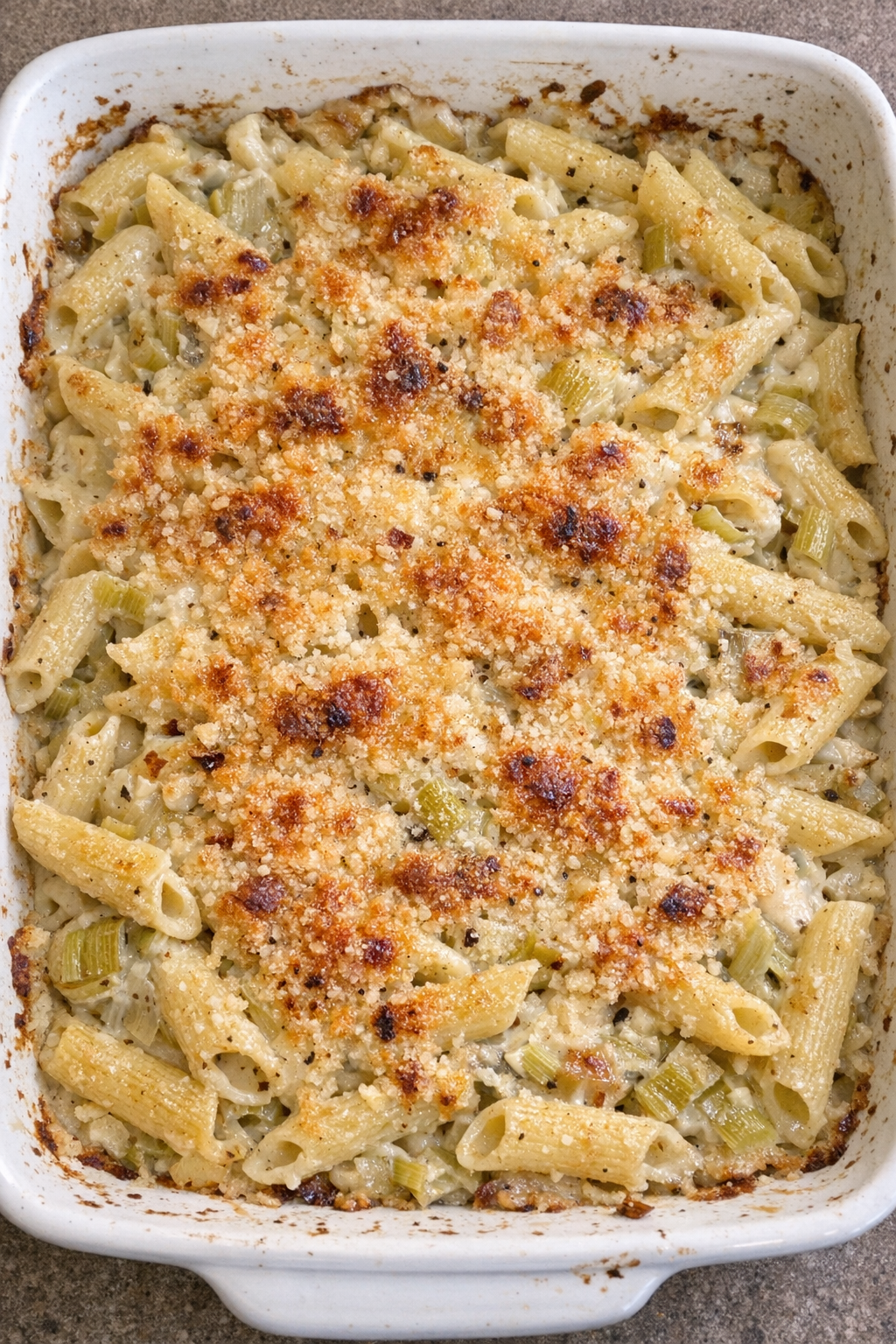 Creamy leek parmesan penne fresh from the oven