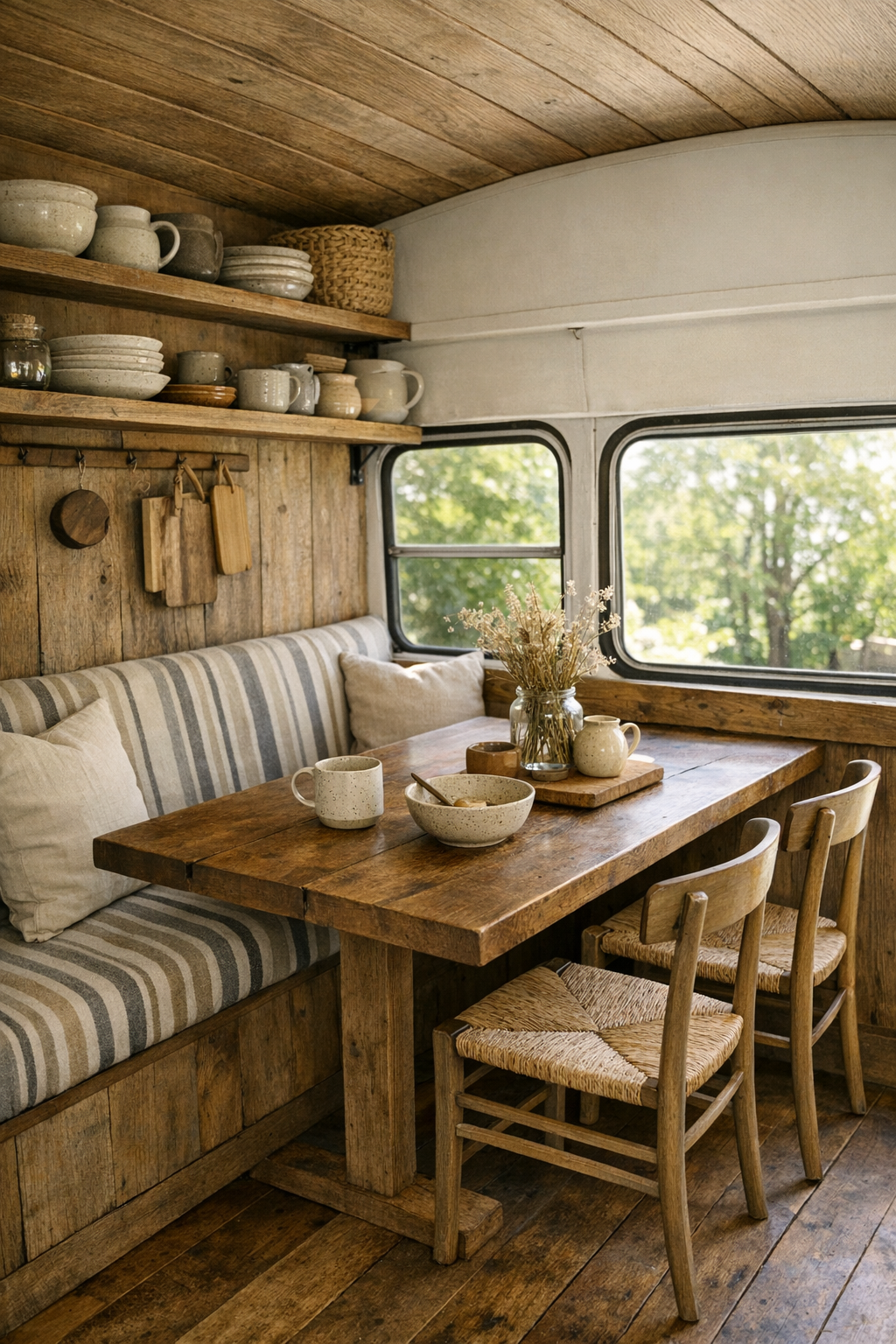 Compact dining nook in the converted bus with a built-in table by the window