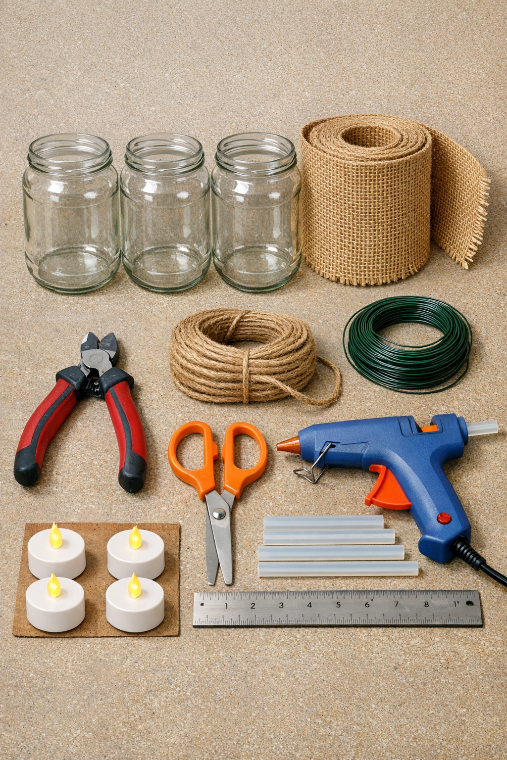 Materials for burlap pickle jar lanterns laid out together