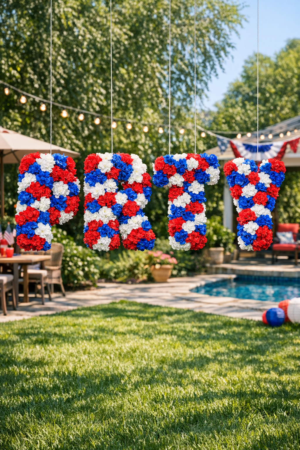 Finished floating backyard party letters covered in red white and blue flowers