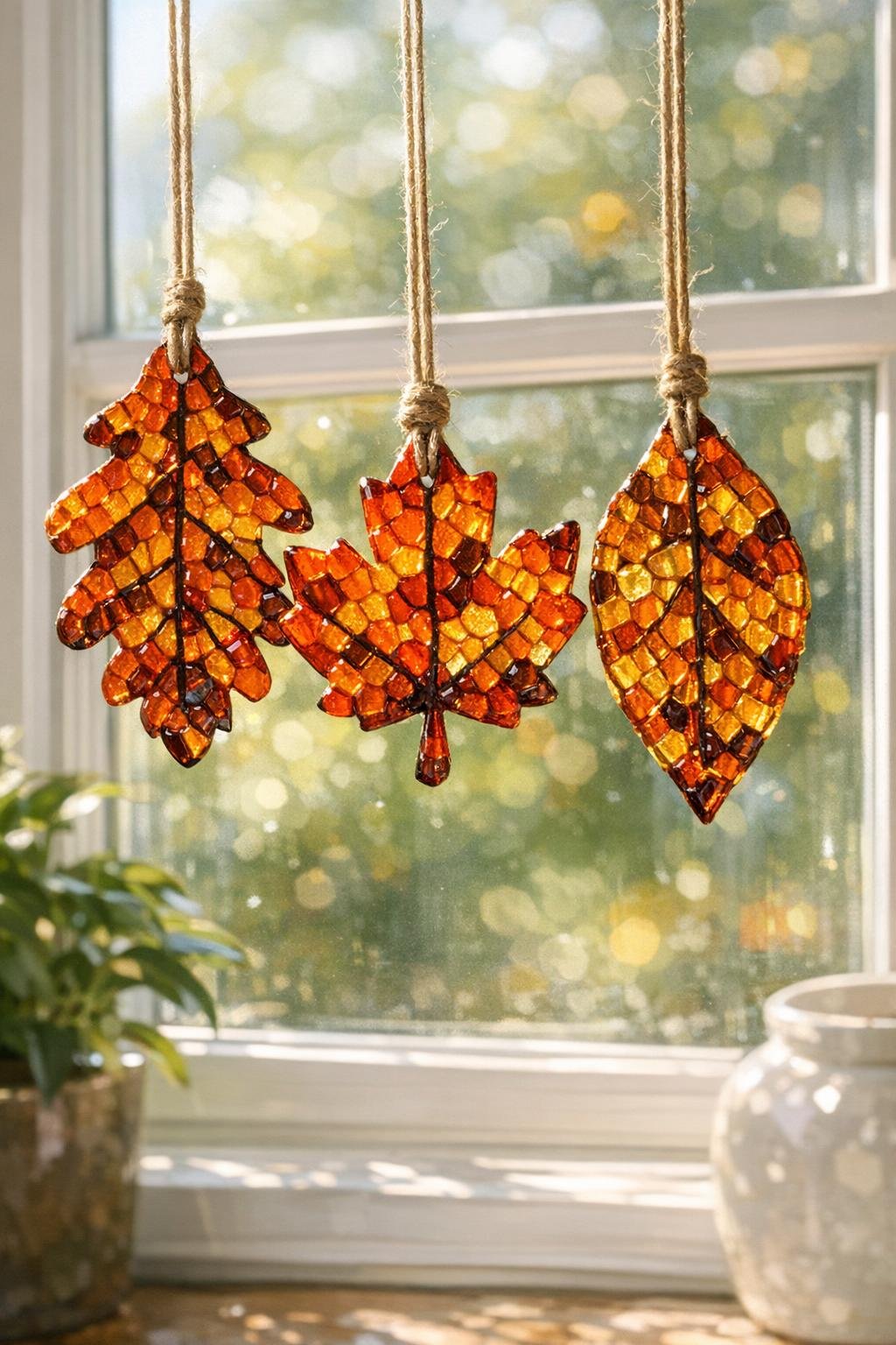 Three finished amber leaf suncatchers hanging in a sunny window