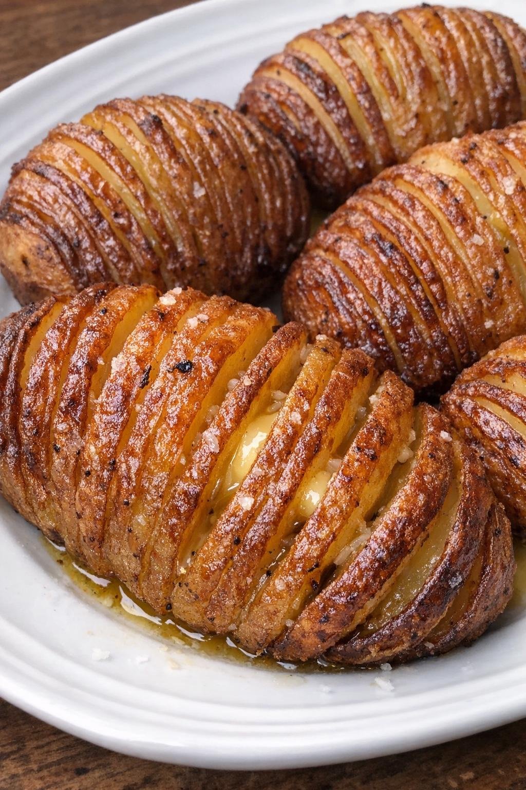Crispy golden hasselback potatoes on a white platter
