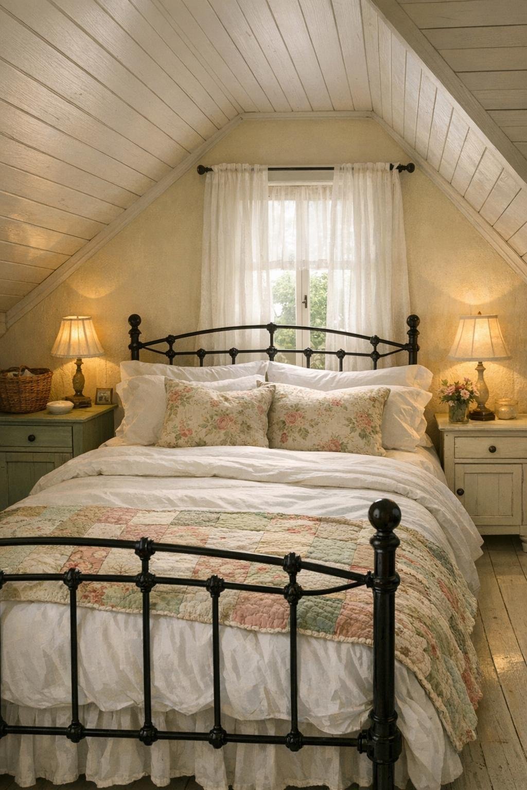Peaceful cottage bedroom under a sloped roof with floral bedding
