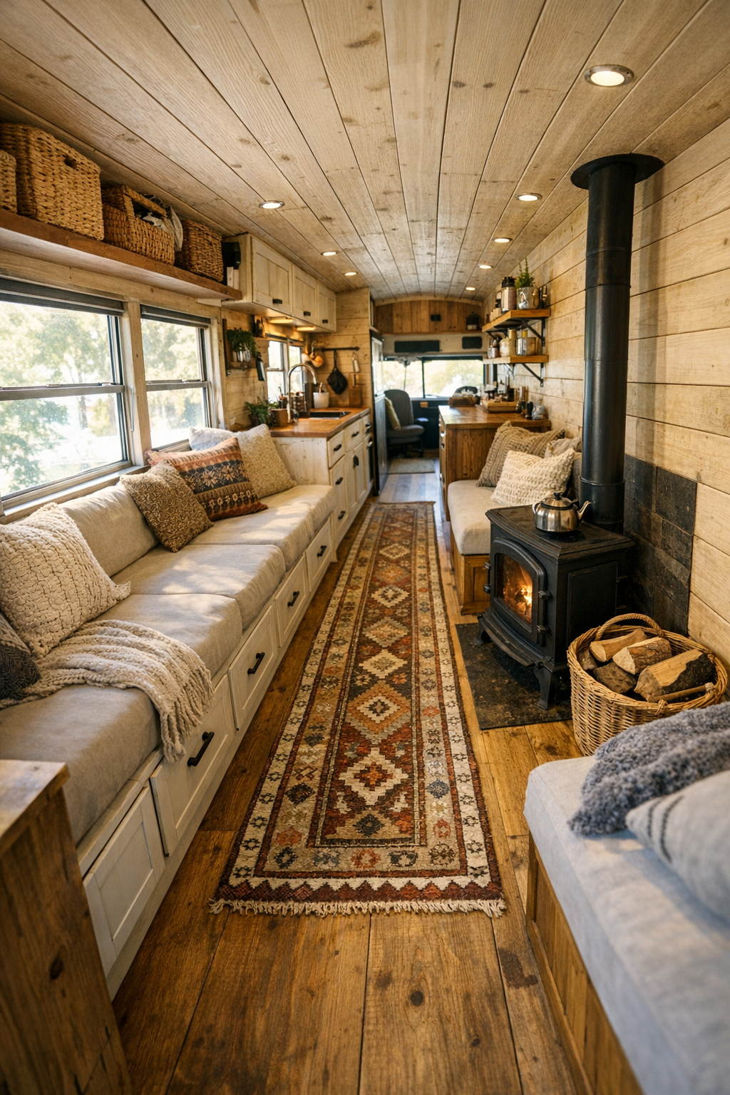 Living room inside a converted bus with built-in bench seating and warm wood walls