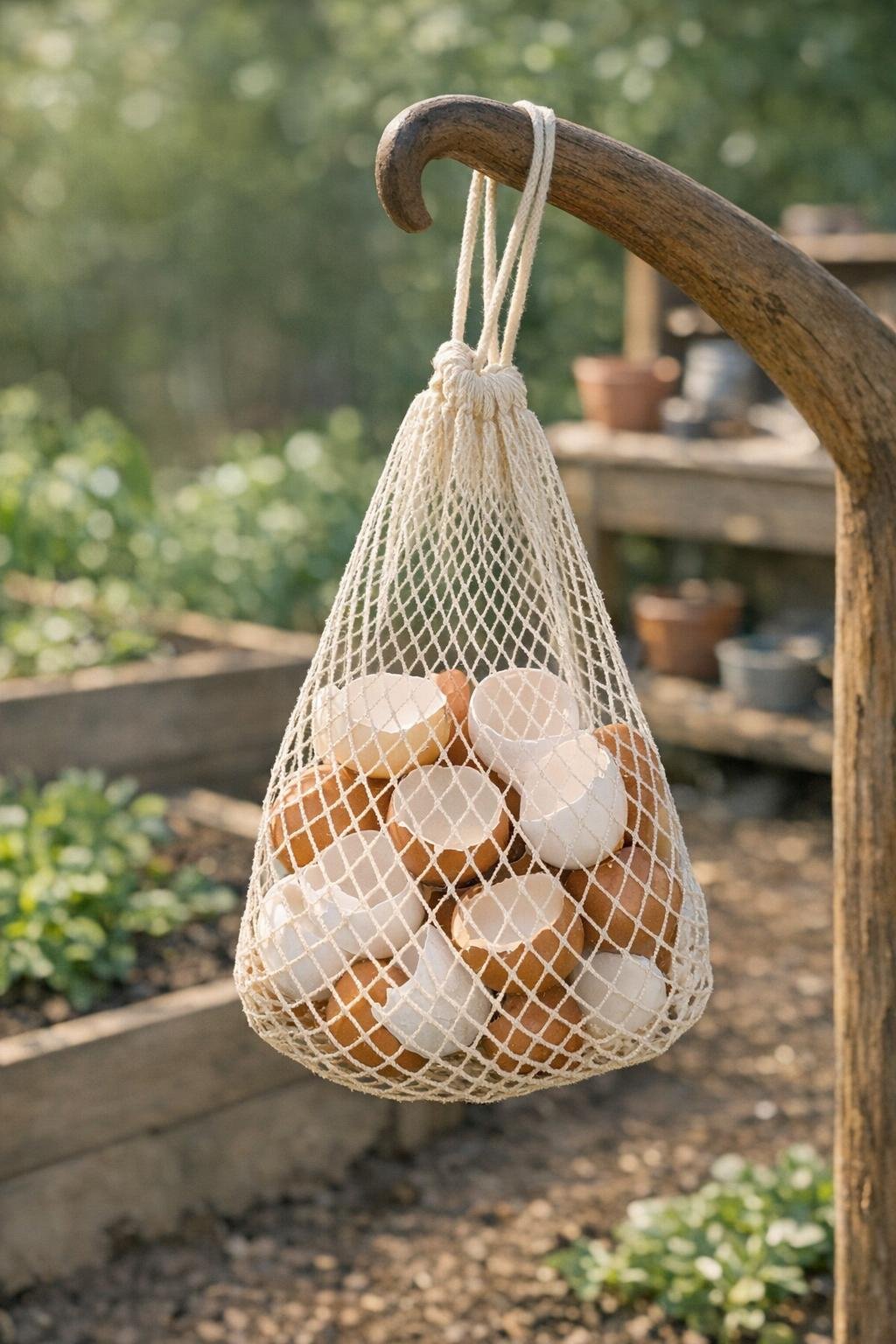 Mesh bag filled with clean eggshells hanging in a garden