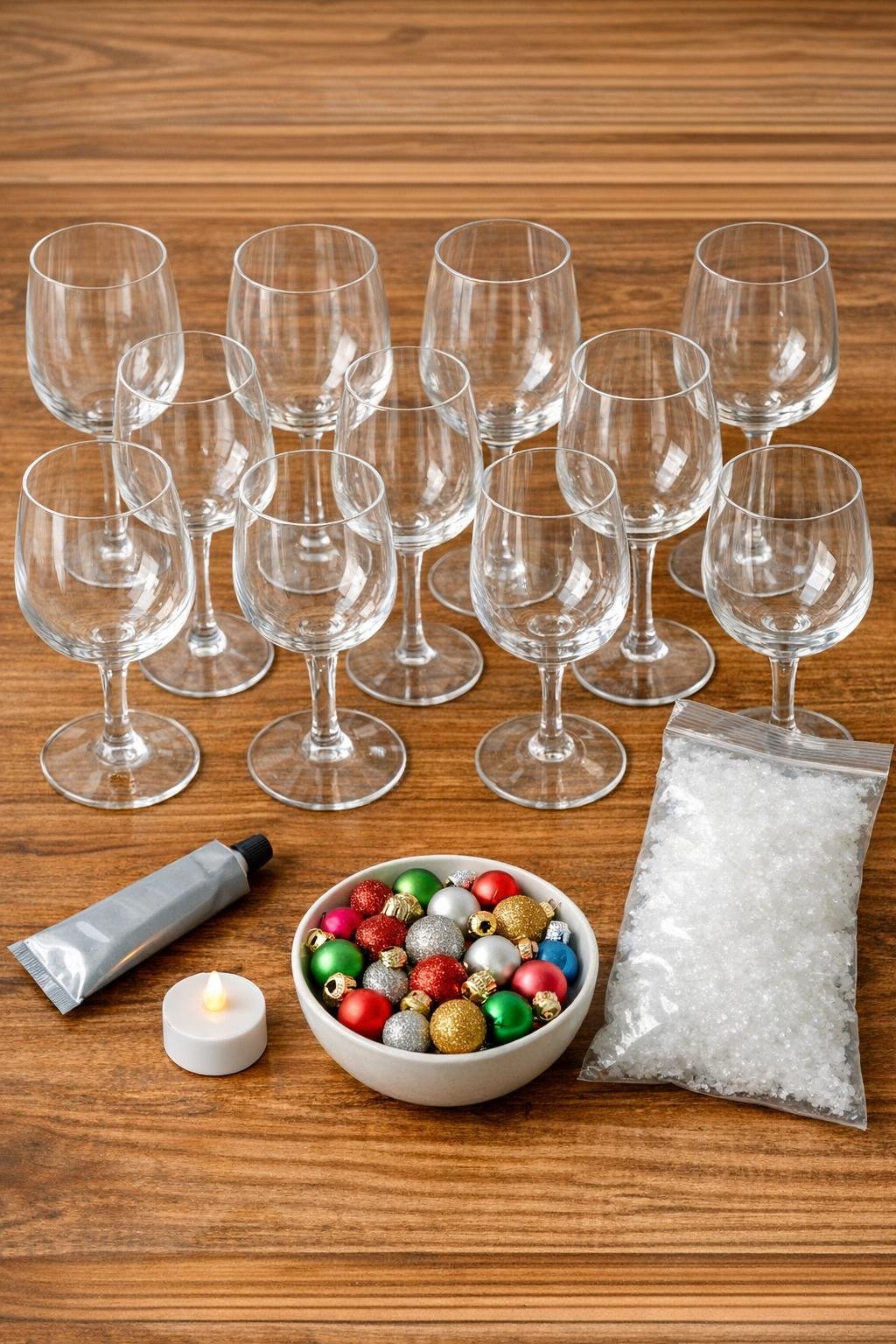 Materials laid out for a wine glass holiday decor project