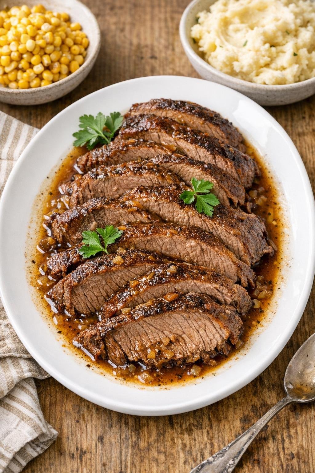 Finished slow cooker tri-tip roast plated with juices