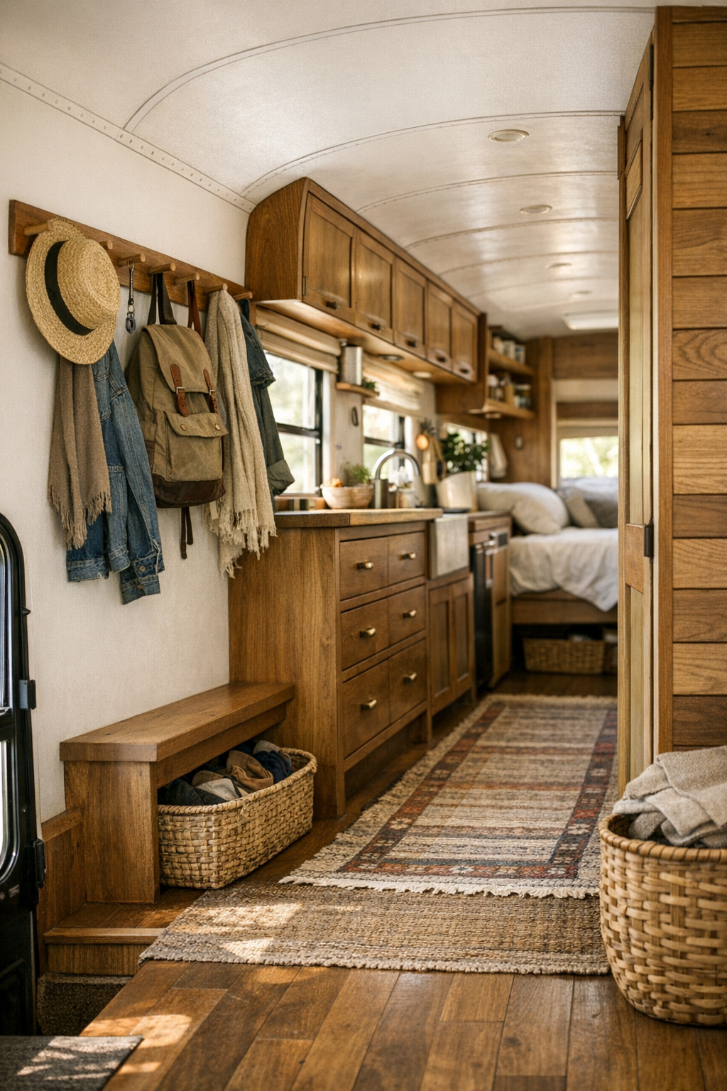 Functional entry and corridor inside a converted bus with built-in storage