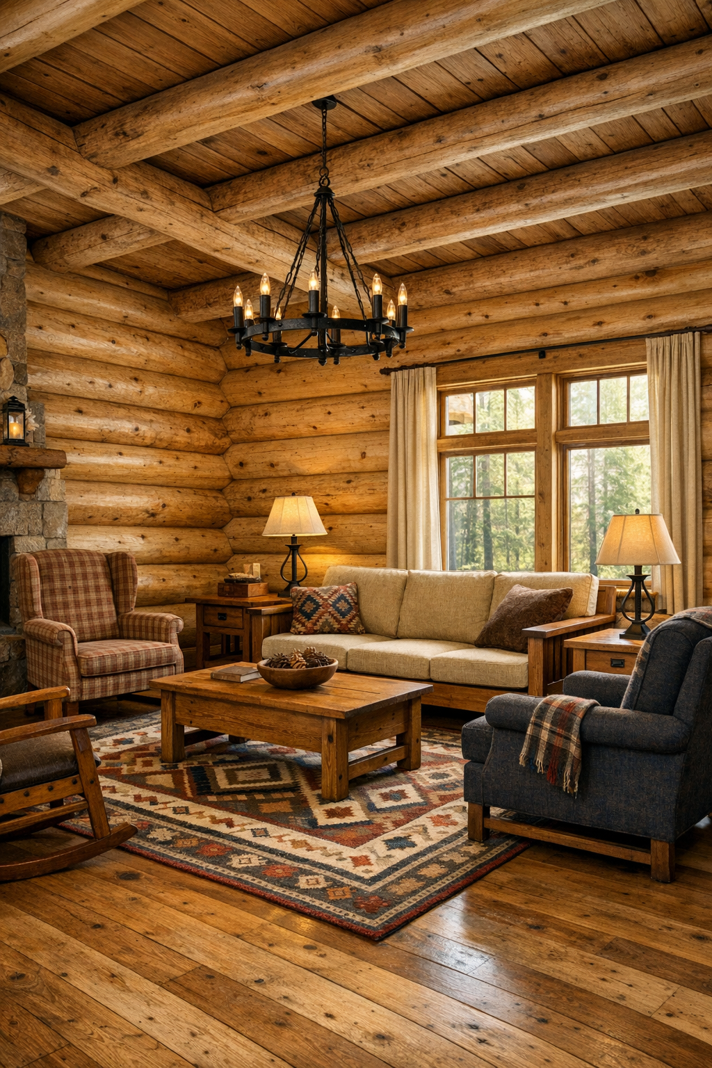 Warm log living room with Amish-inspired wood furniture and layered rustic textiles
