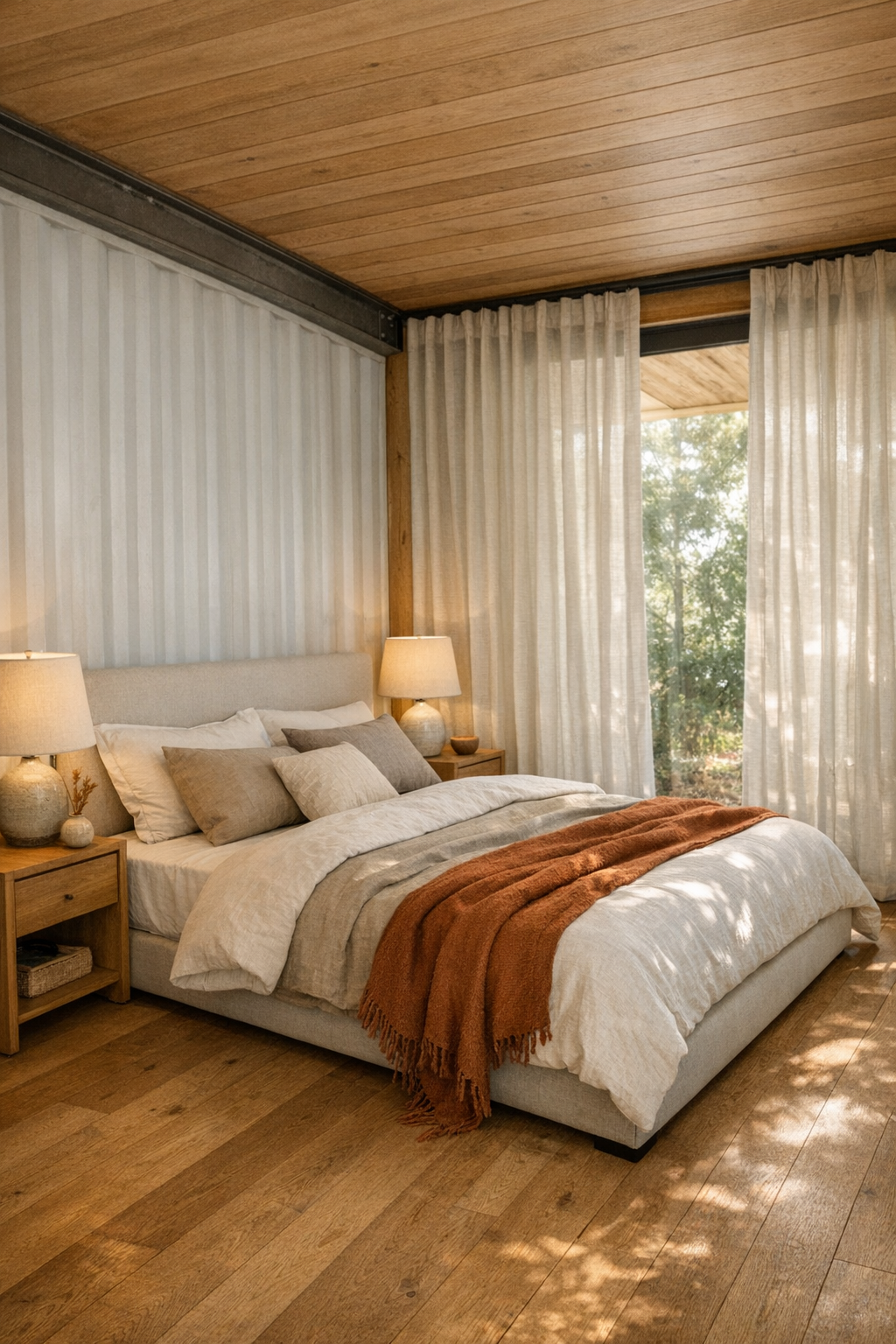 Calm bedroom with layered neutral bedding, soft textures, and warm natural light
