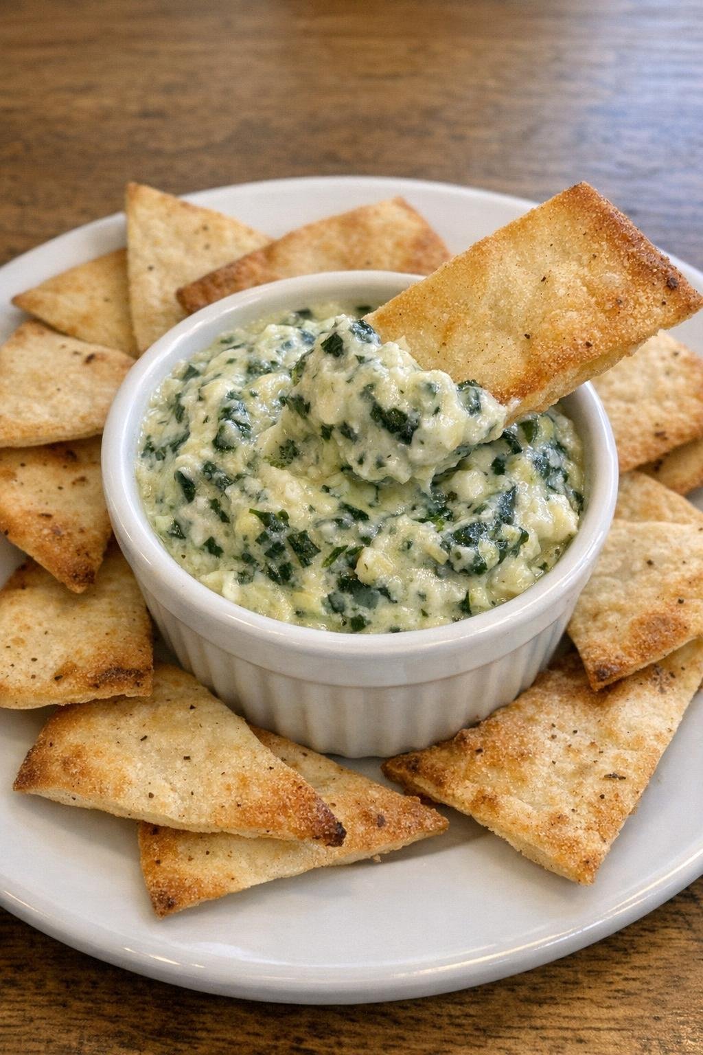 Single serving of slow cooker spinach dip with pita chips