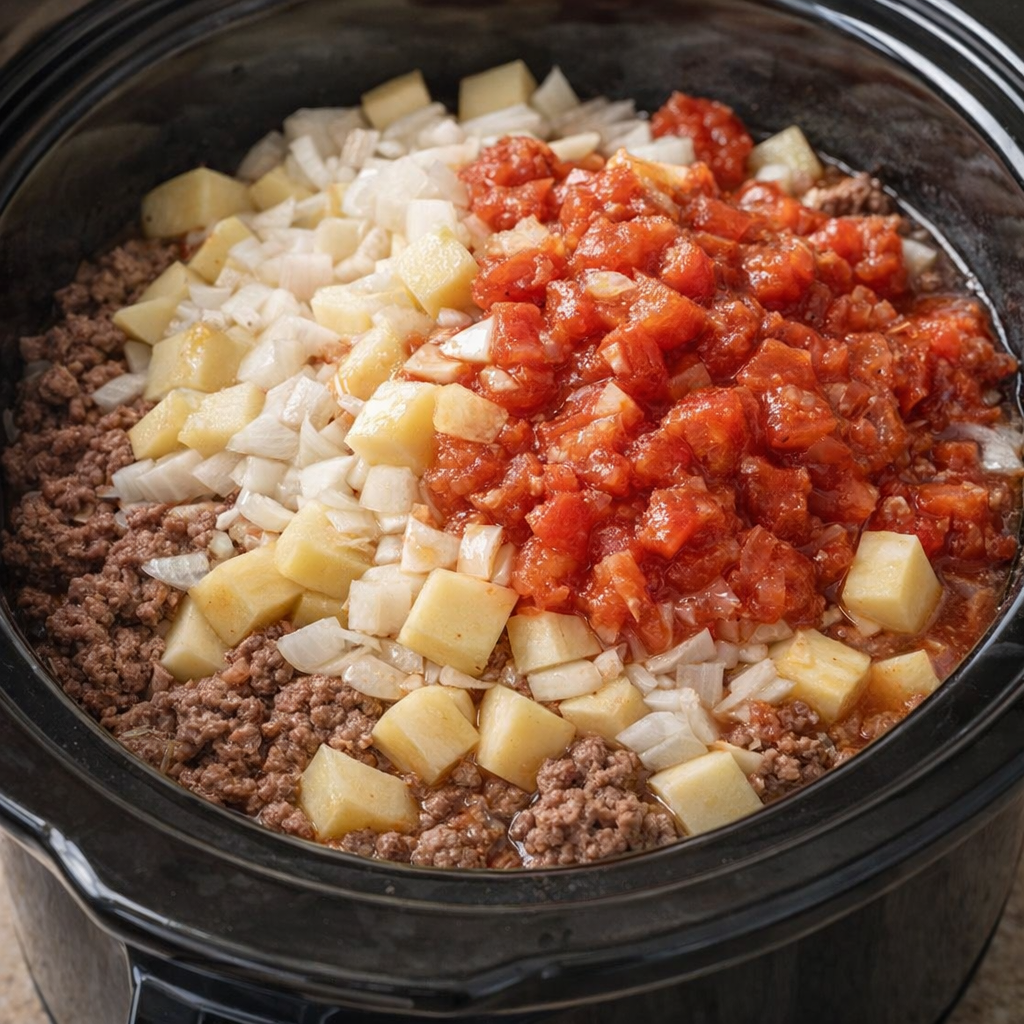 Slow cooker filled with layered stew ingredients before cooking