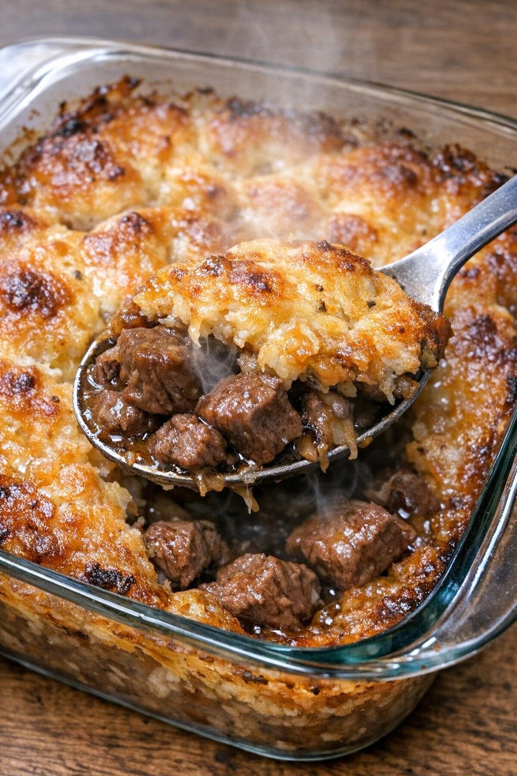 Savory beef bites with golden bubbling crust in a glass casserole dish