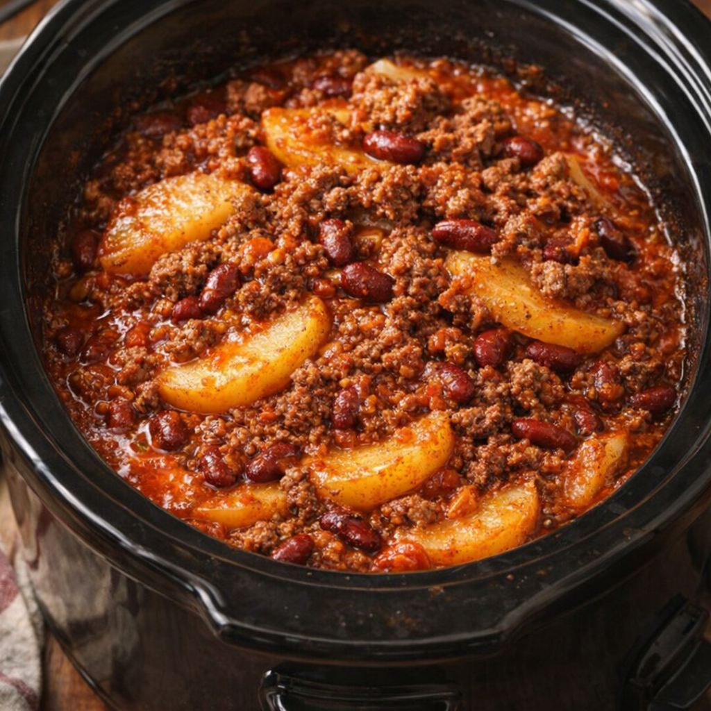 Slow cooker shipwreck casserole bubbling in the crock