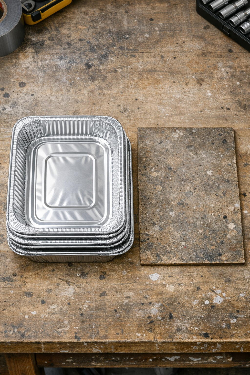 Used aluminum BBQ pans and scrap backing laid out for the project