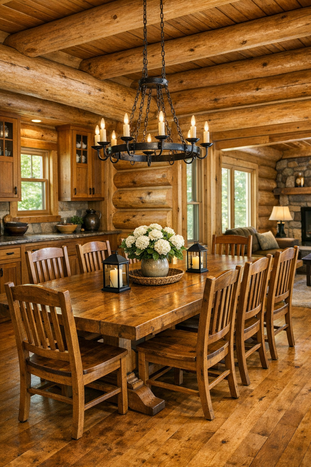 Dining room with Amish-made wood table, slat-back chairs, and warm chandelier lighting