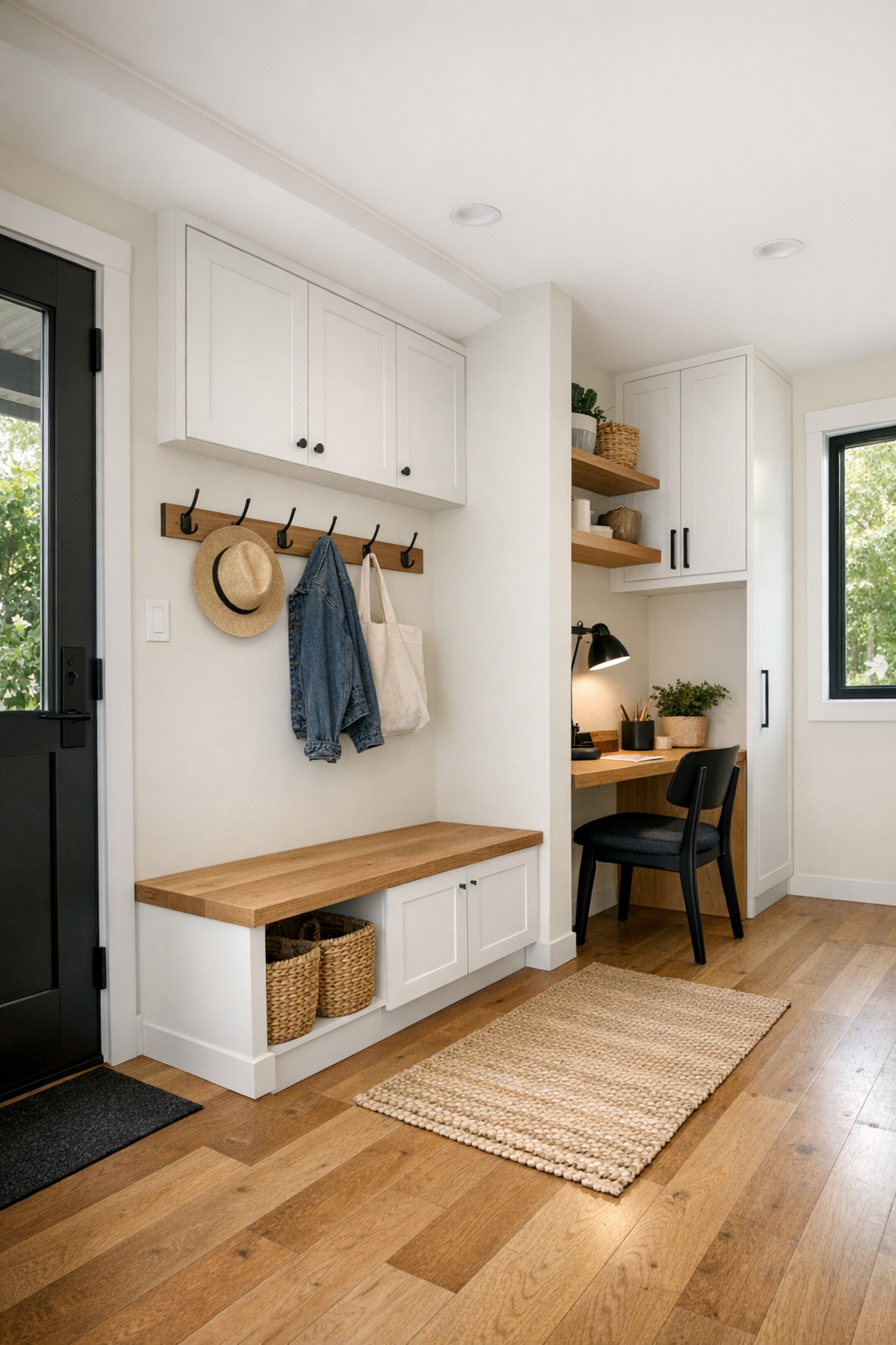 Functional entry and flex area with built-in bench, storage, and small desk nook