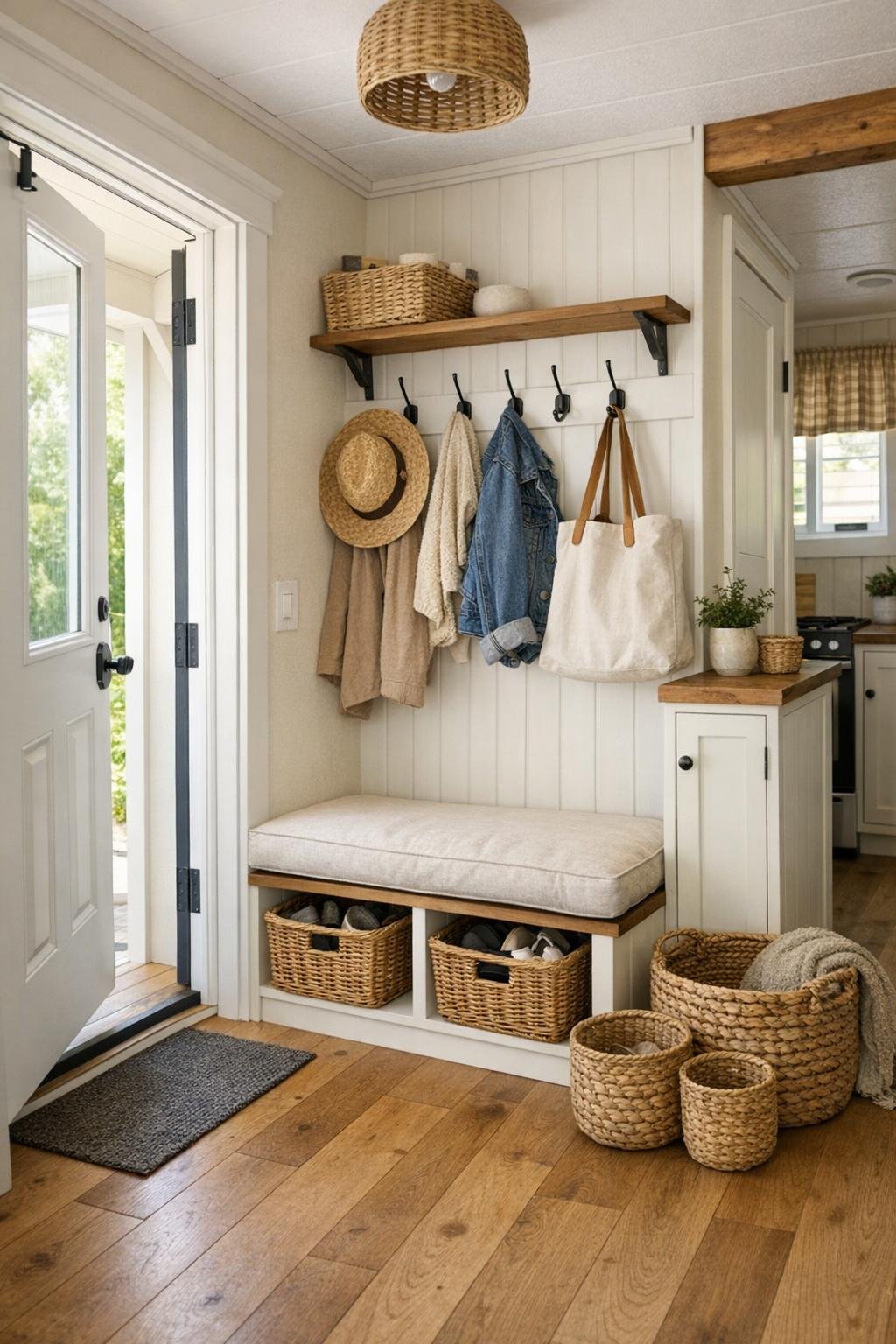 Functional small RV entry and multipurpose storage area with cozy cottage details