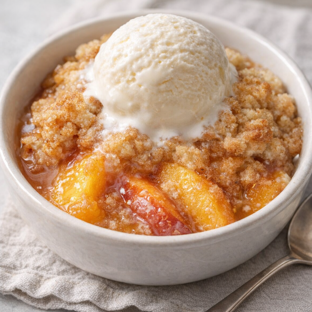 Served peach dessert with vanilla ice cream