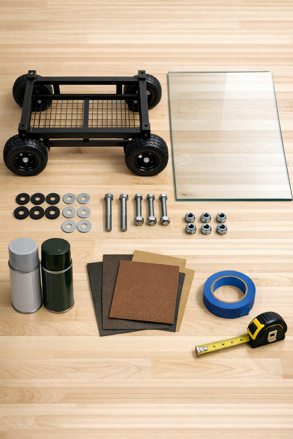 Materials for building a glass-top outdoor coffee table laid out together