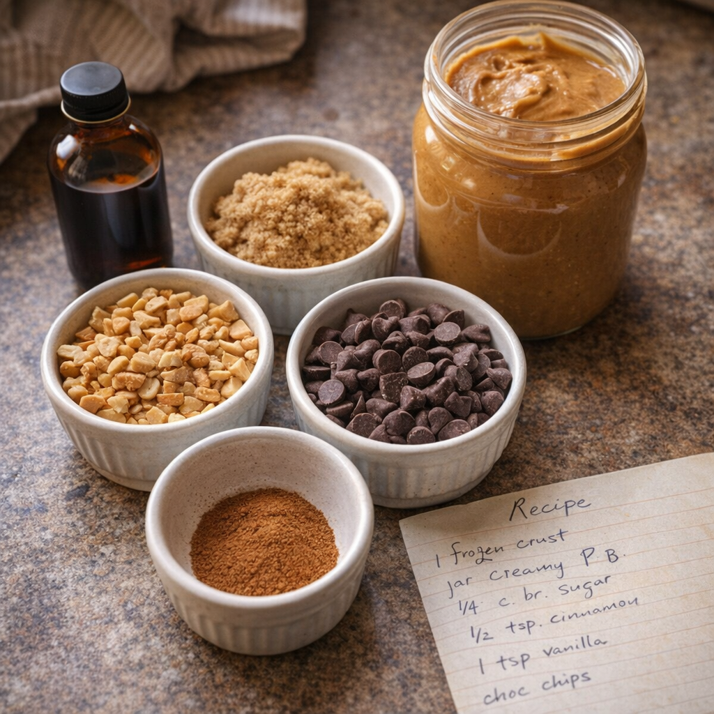 Ingredients for peanut butter pie variations on a farmhouse counter