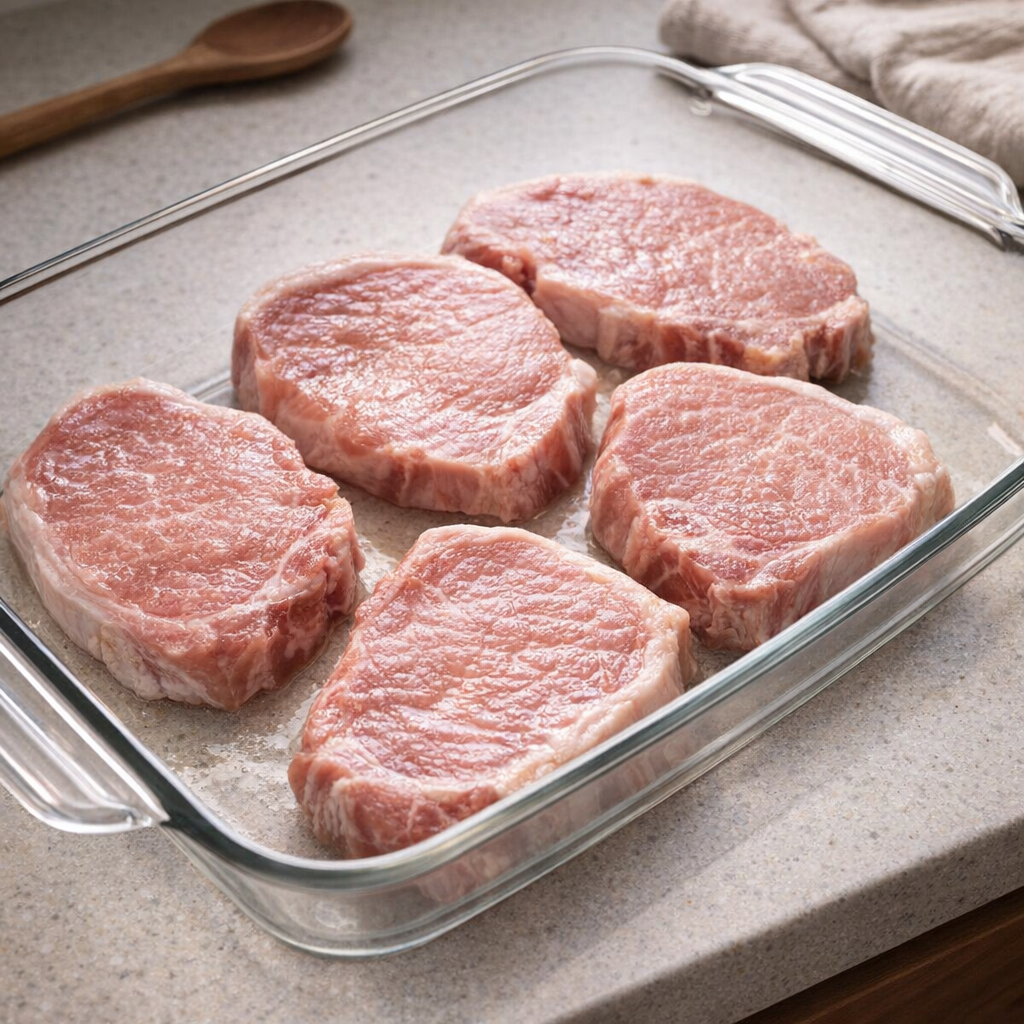 Raw pork chops arranged evenly in a glass baking dish