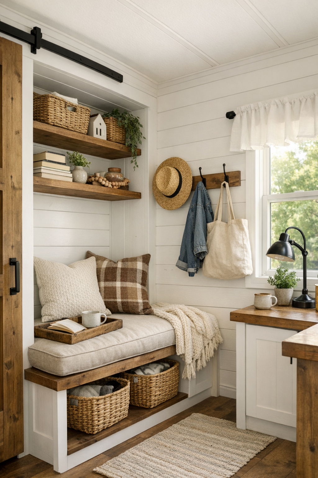 Thoughtful farmhouse-style built-in storage and multipurpose nook in a small RV interior
