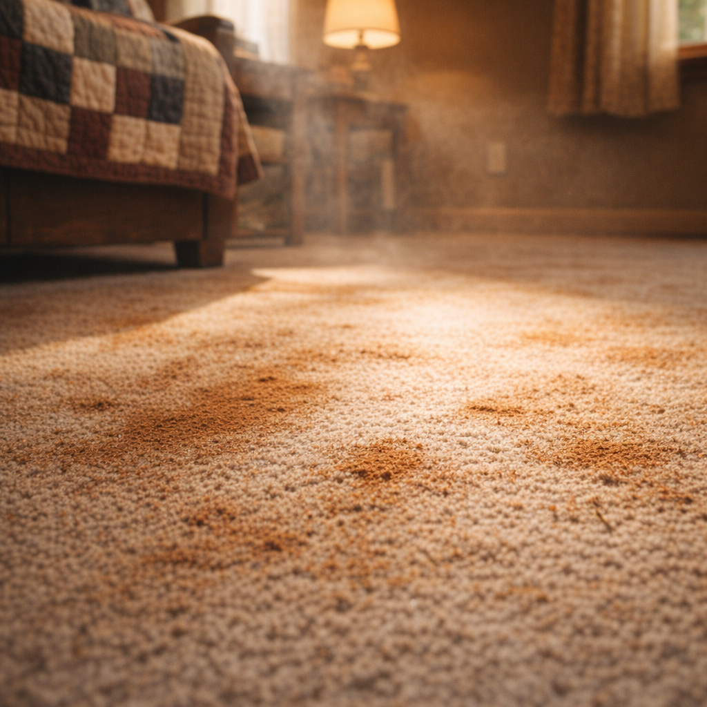 Sunlit living room with cinnamon dusted carpet and cozy morning atmosphere