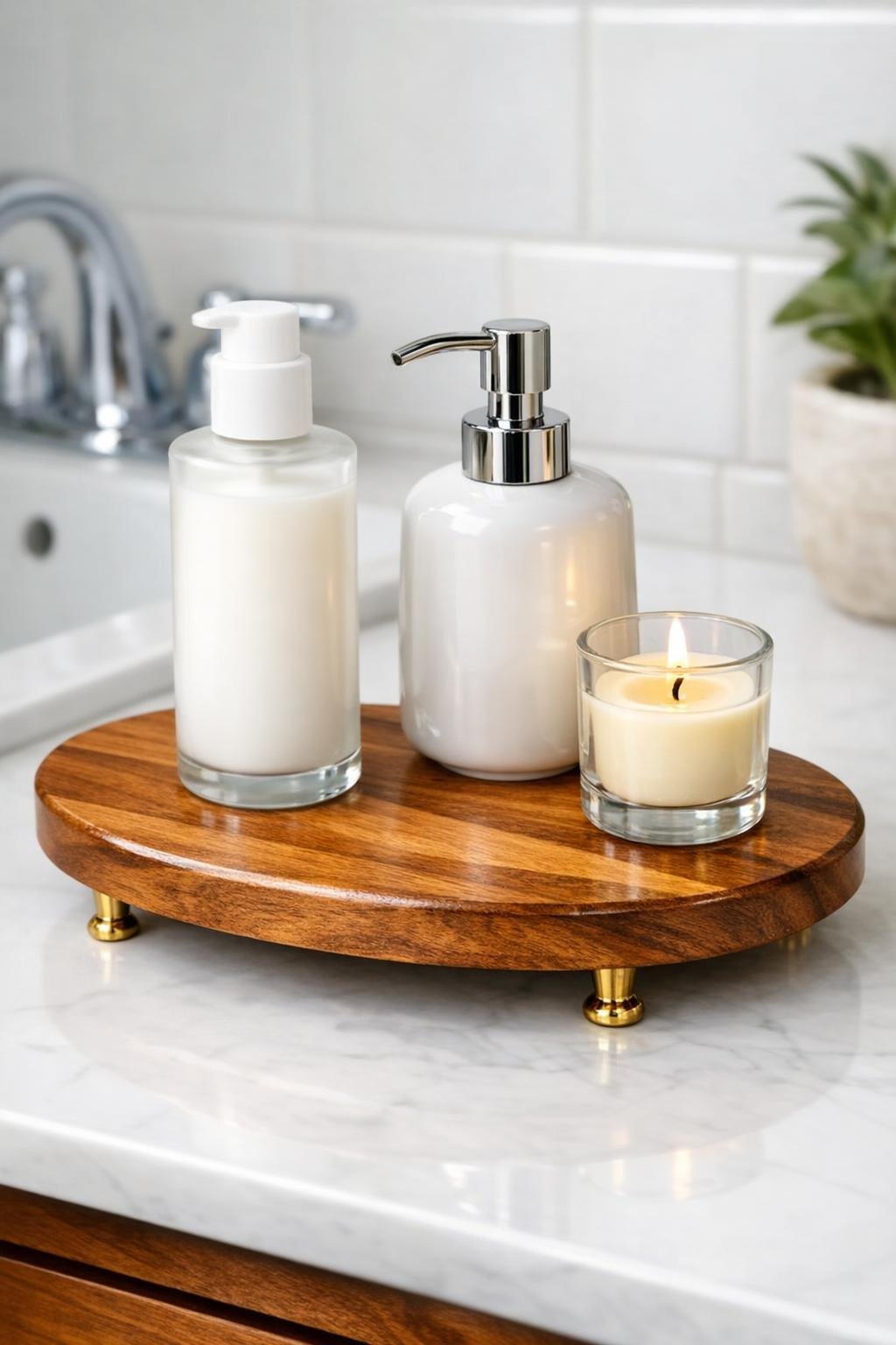 Finished bathroom lotion tray made from an oval wooden cheese board with brass feet