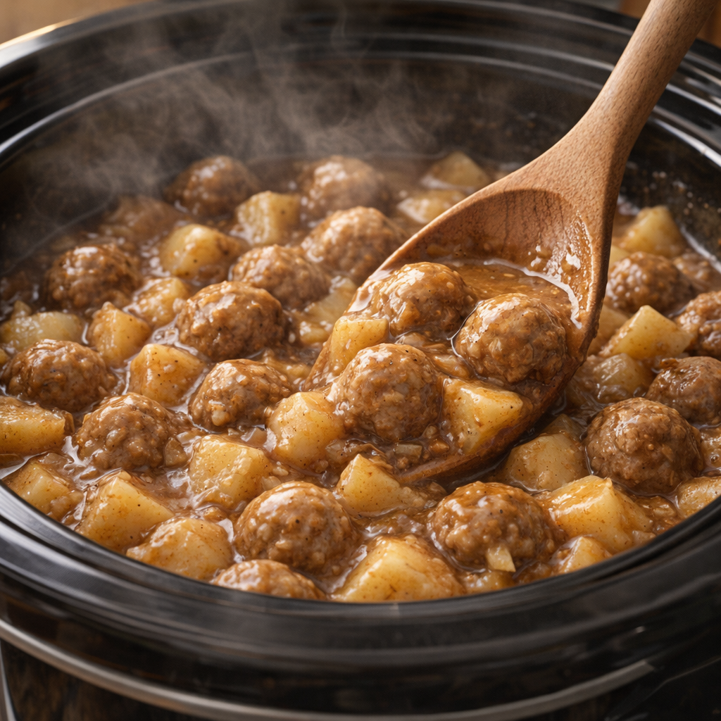 Cooked meatball stew being stirred in the slow cooker