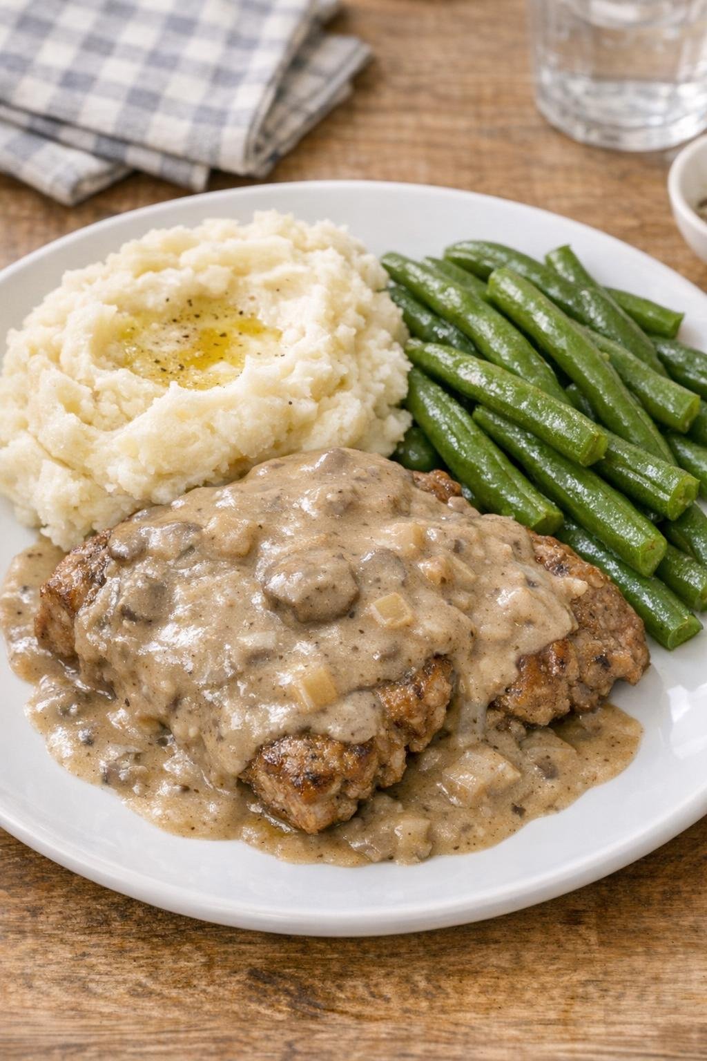 Finished cube steak and gravy plated with mashed potatoes