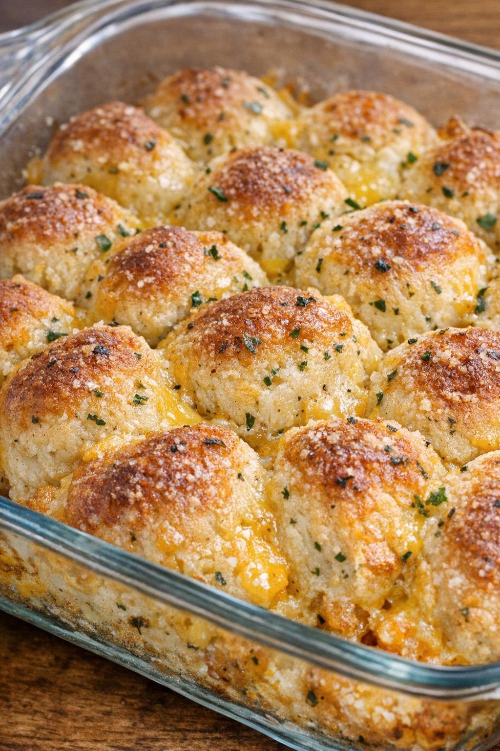 Southern 3-ingredient buttery ranch bites baked until golden brown in a glass casserole dish
