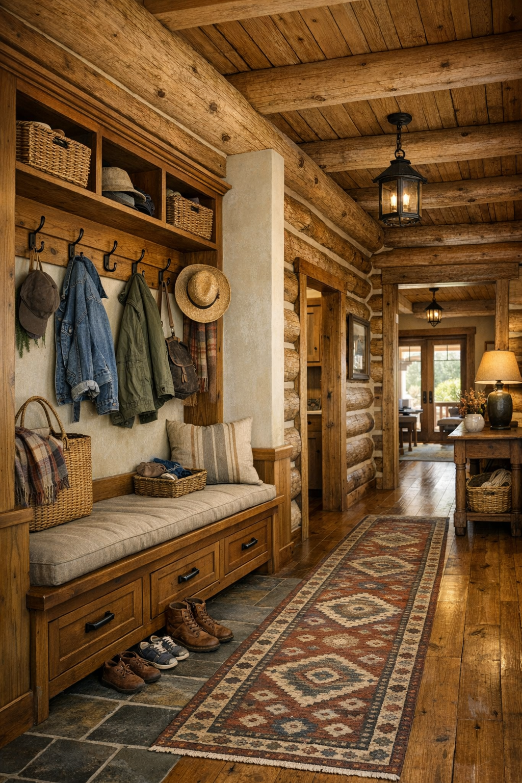 Functional mudroom and hallway with built-in wood bench, storage drawers, and warm rustic finishes