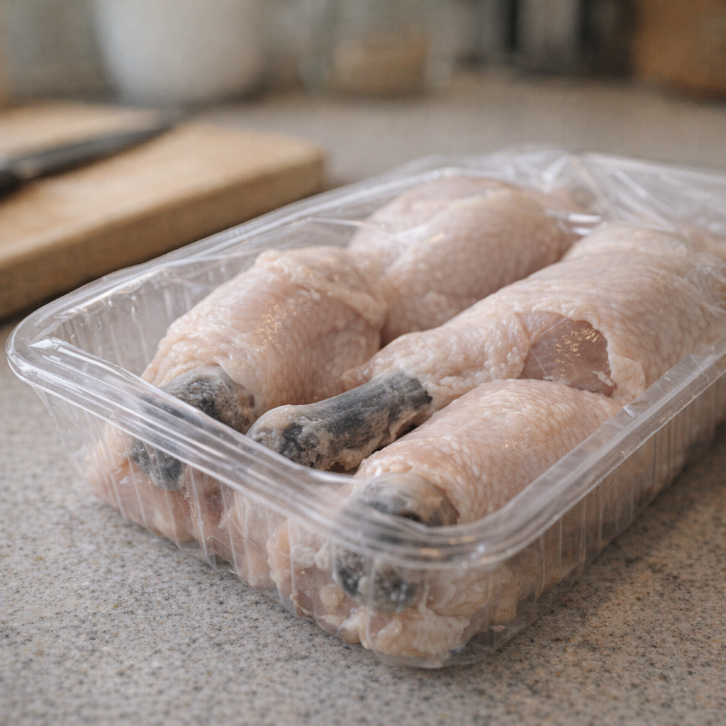 Packaged raw chicken in a home kitchen before cooking