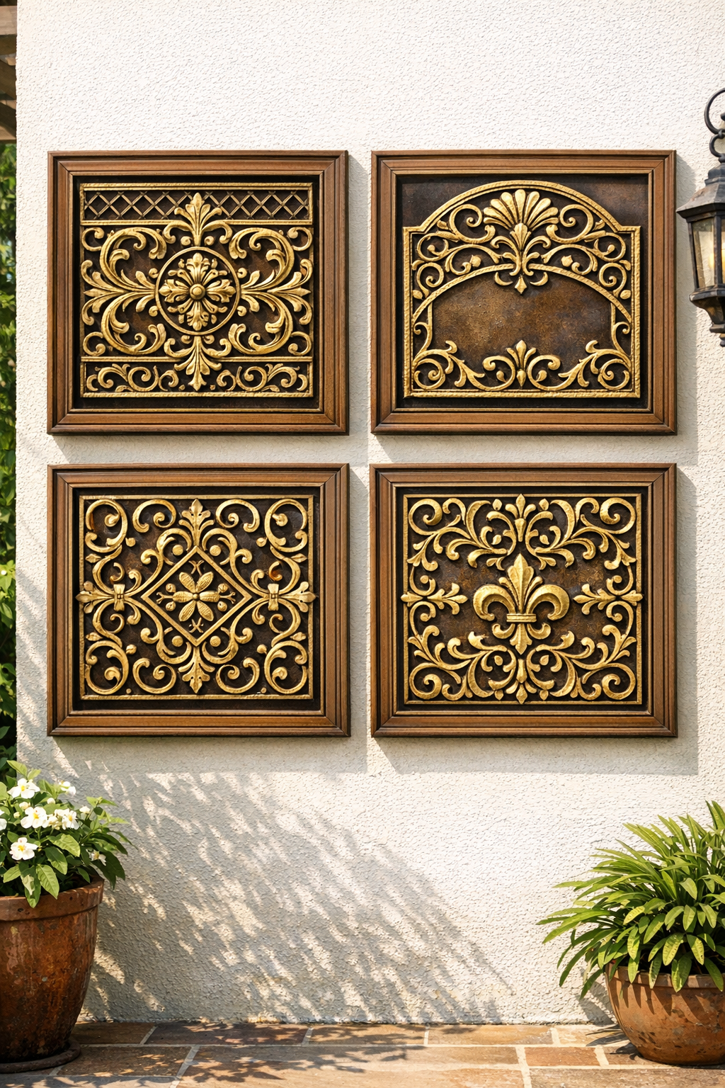 Finished faux metal patio wall art made from gold mats in square frames